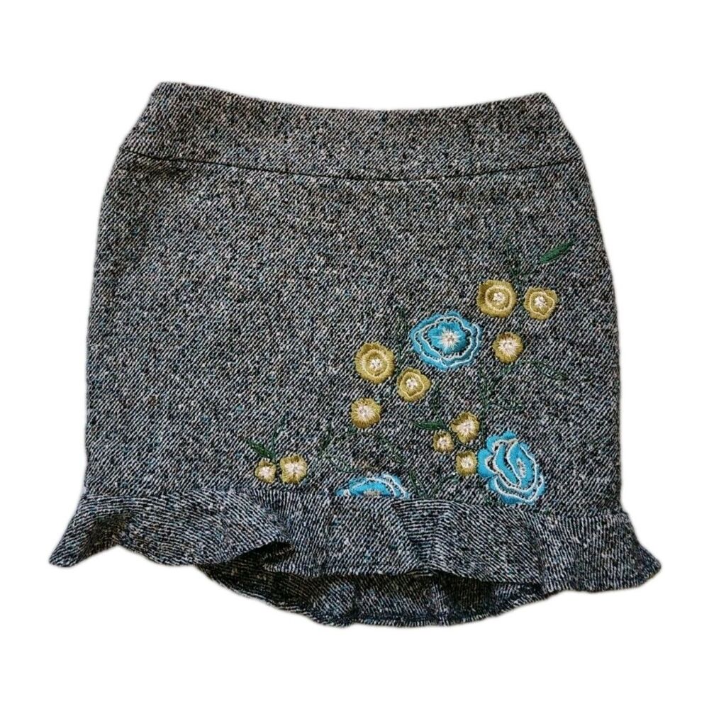 Classiques Entier Wool Blend Mini Skirt Embroidered Floral Ruffle Hem Sz 6 EUC